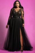 Special Occasion Sophisticated Elegant Black Lace A-Line Long Sleeve Long Prom Dress