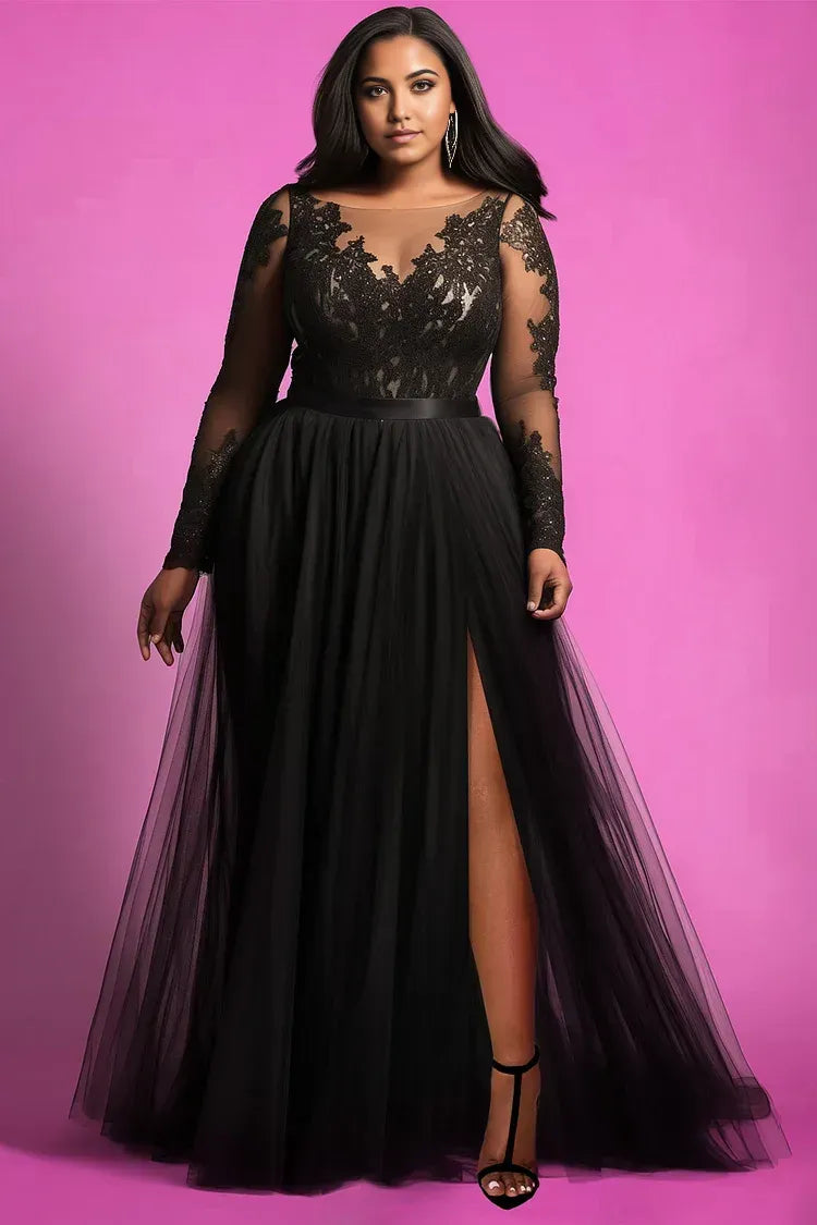 Special Occasion Sophisticated Elegant Black Lace A-Line Long Sleeve Long Prom Dress