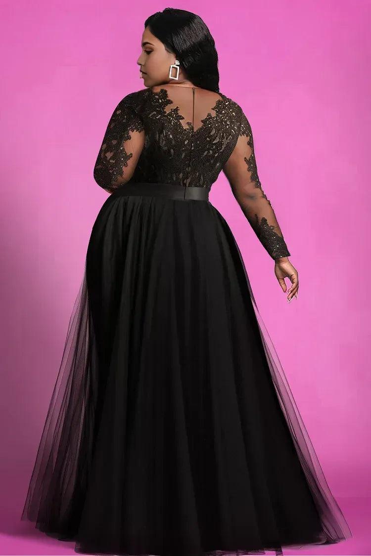 Special Occasion Sophisticated Elegant Black Lace A-Line Long Sleeve Long Prom Dress