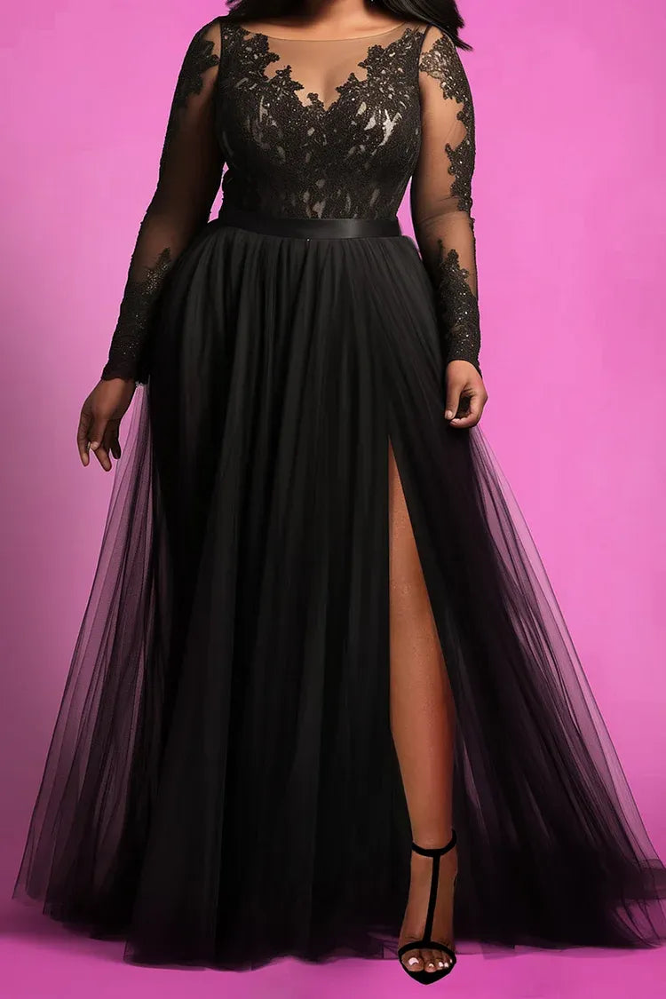 Special Occasion Sophisticated Elegant Black Lace A-Line Long Sleeve Long Prom Dress