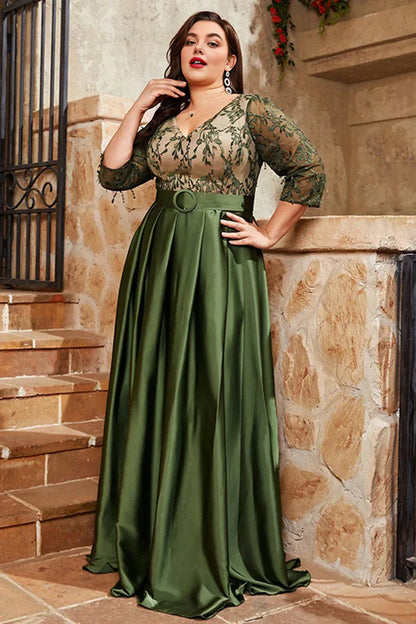 Elegant Olive Green Satin A-Line Short Sleeve Floor-Length Mother of the Bride Dress