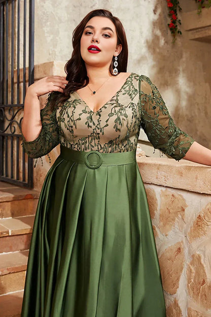 Elegant Olive Green Satin A-Line Short Sleeve Floor-Length Mother of the Bride Dress