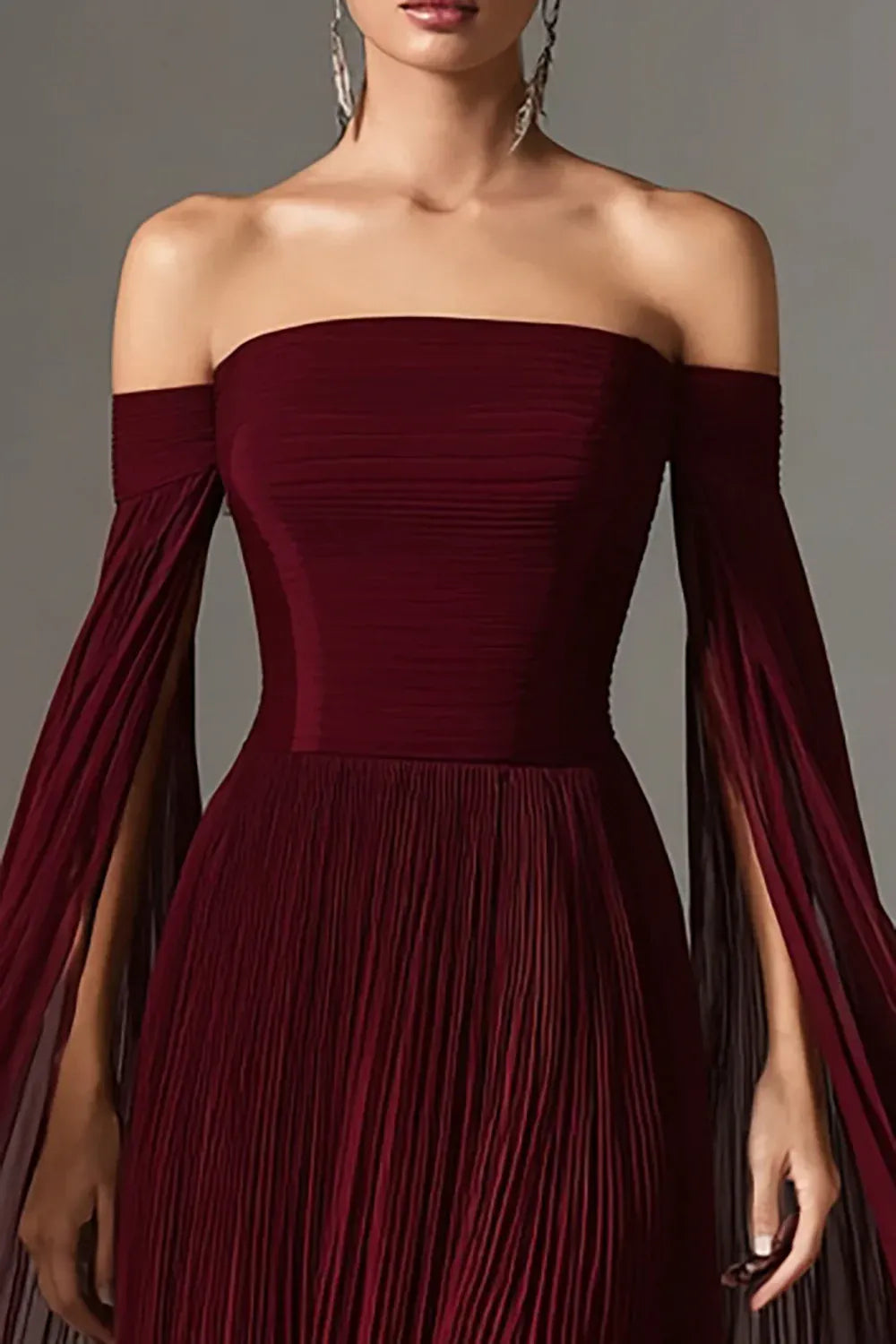 Graceful Stylish Refined Beautiful Elegant Burgundy Chiffon Long Sleeve Floor-Length Prom Dress