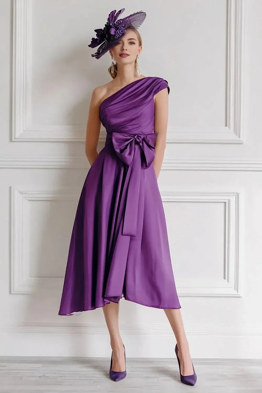 Special Occasion Sophisticated Graceful Elegant Satin Sleeveless Tea-Length Mother of the Bride Dress
