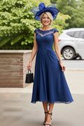 Elegant Navy Blue Chiffon Scoop Neck Pleated Tea-Length Mother of the Bride Dress