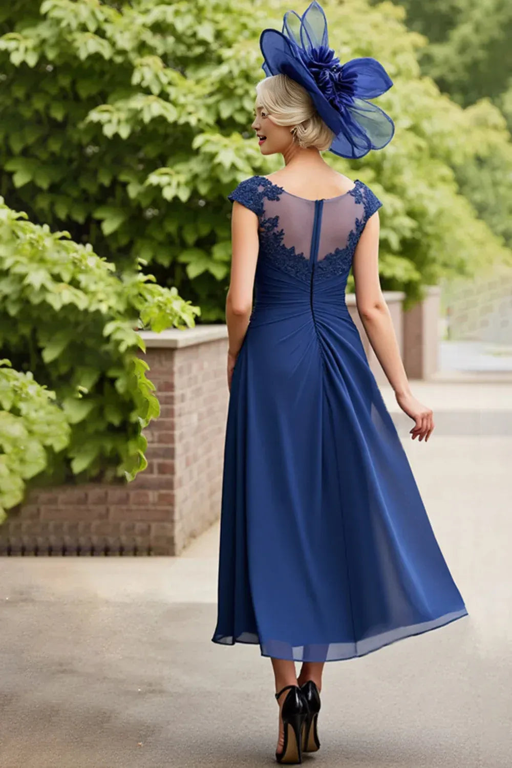 Elegant Navy Blue Chiffon Scoop Neck Pleated Tea-Length Mother of the Bride Dress