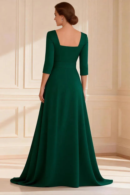 Elegant Emerald Green Square Neck Long Sleeve Floor-Length Mother of the Bride Dress