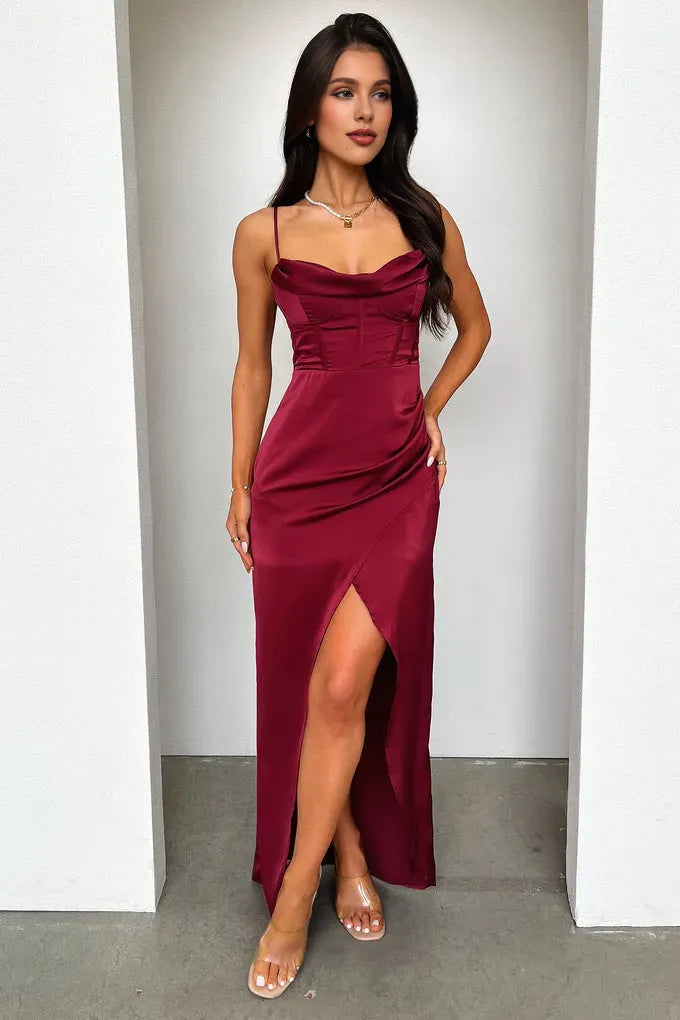 Timeless Special Occasion Elegant Burgundy Satin Mermaid Cowl Sleeveless Floor-Length Prom Dress