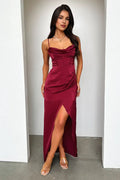 Timeless Special Occasion Elegant Burgundy Satin Mermaid Cowl Sleeveless Floor-Length Prom Dress