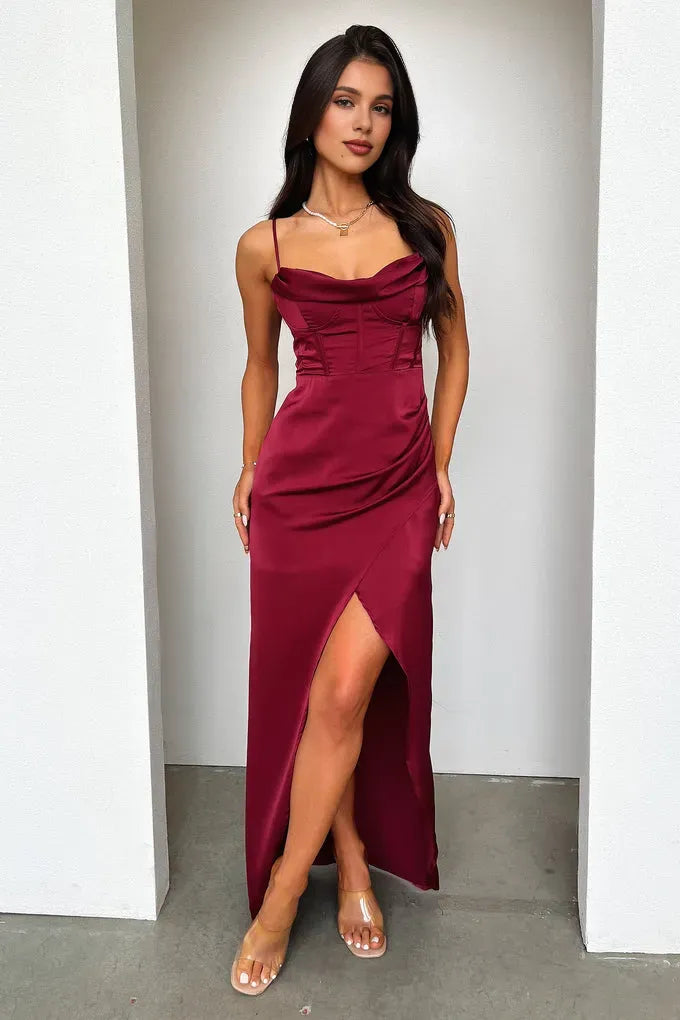 Timeless Special Occasion Elegant Burgundy Satin Mermaid Cowl Sleeveless Floor-Length Prom Dress