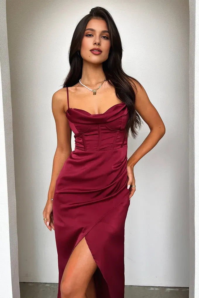 Timeless Special Occasion Elegant Burgundy Satin Mermaid Cowl Sleeveless Floor-Length Prom Dress