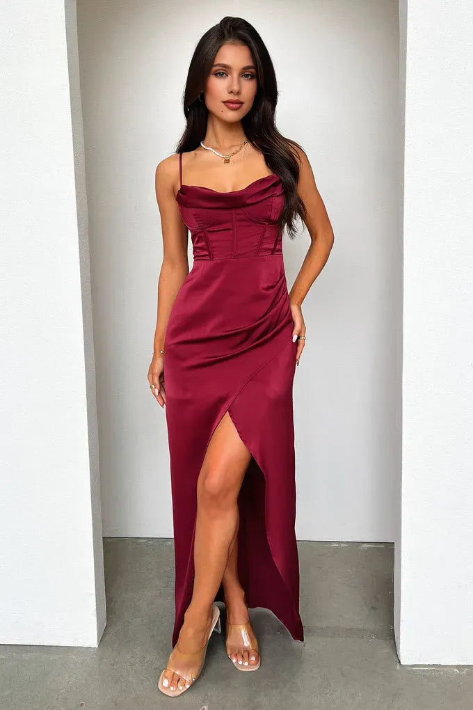 Timeless Special Occasion Elegant Burgundy Satin Mermaid Cowl Sleeveless Floor-Length Prom Dress