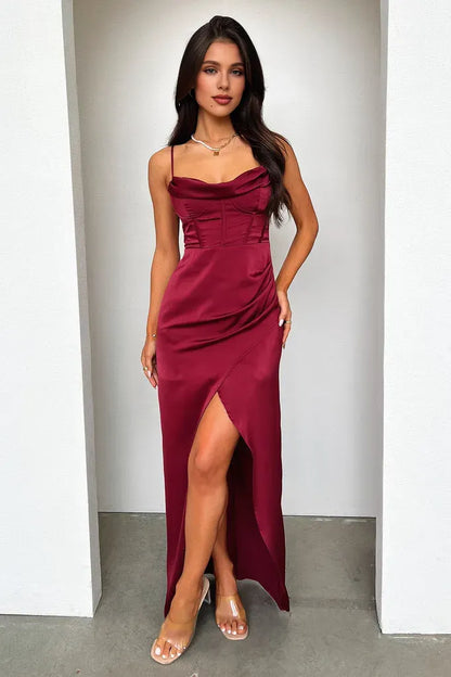 Timeless Special Occasion Elegant Burgundy Satin Mermaid Cowl Sleeveless Floor-Length Prom Dress