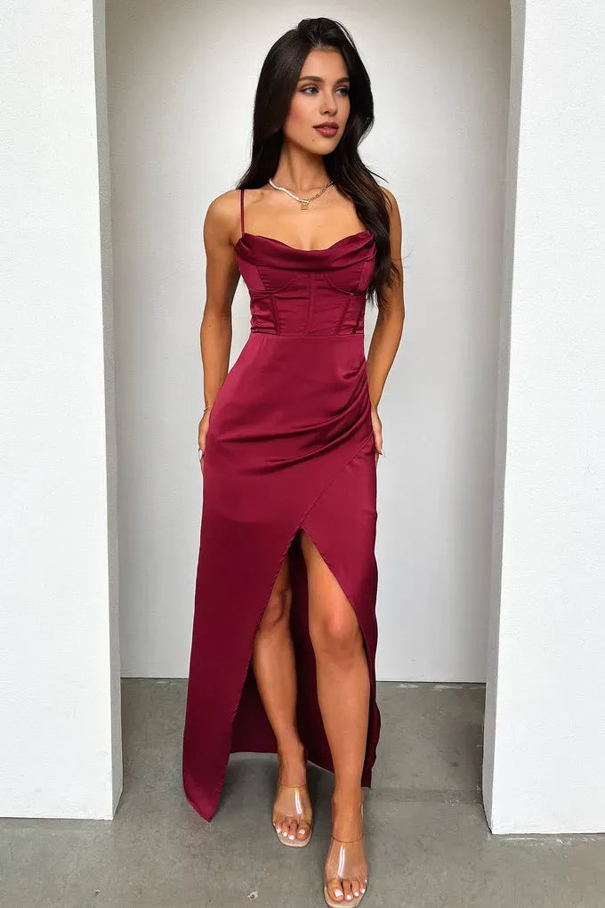 Timeless Special Occasion Elegant Burgundy Satin Mermaid Cowl Sleeveless Floor-Length Prom Dress