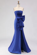 Refined Beautiful Elegant Royal Blue Satin Mermaid Strapless Sleeveless Floor-Length Prom Dress