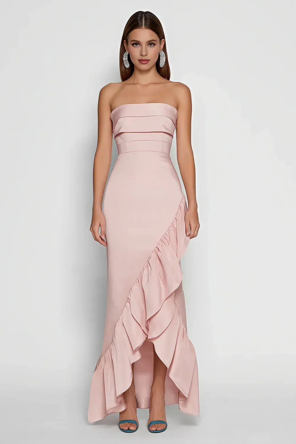 Stylish Refined Elegant Blush Pink Satin Mermaid Strapless Sleeveless Floor-Length Prom Dress