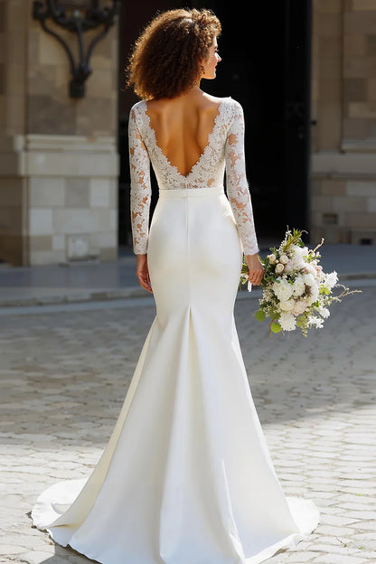 Timeless Special Occasion Elegant Ivory Chiffon Mermaid Long Sleeve Long Wedding Dress