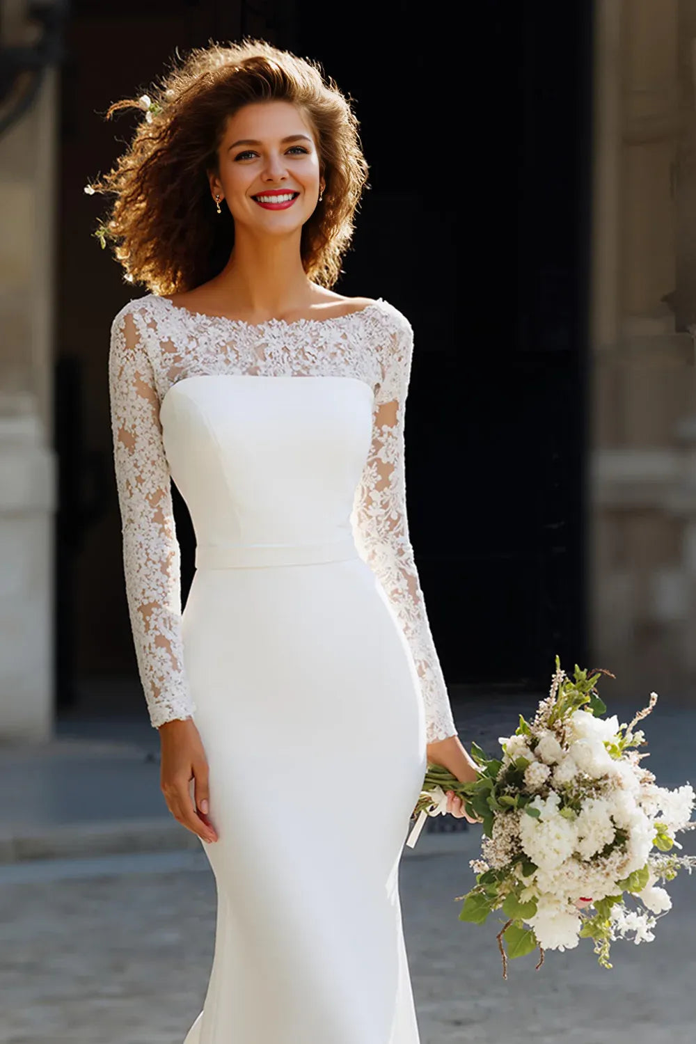 Timeless Special Occasion Elegant Ivory Chiffon Mermaid Long Sleeve Long Wedding Dress