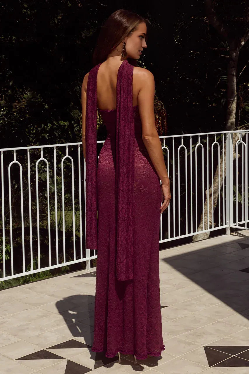 Refined Beautiful Timeless Elegant Burgundy Lace Mermaid Strapless Sleeveless Floor-Length Prom Dress
