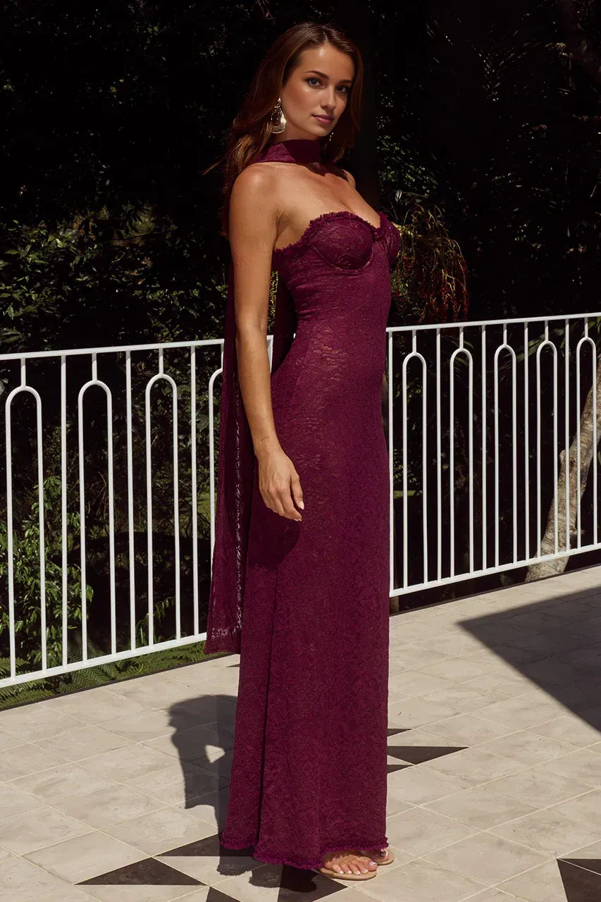 Refined Beautiful Timeless Elegant Burgundy Lace Mermaid Strapless Sleeveless Floor-Length Prom Dress