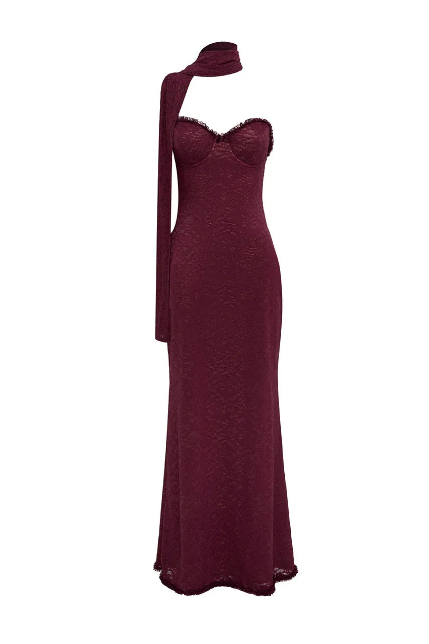 Refined Beautiful Timeless Elegant Burgundy Lace Mermaid Strapless Sleeveless Floor-Length Prom Dress