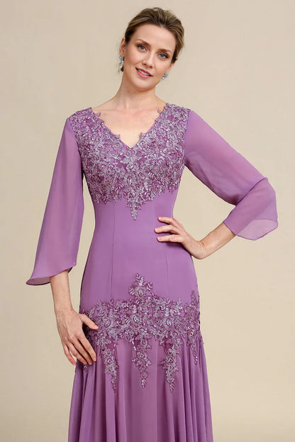 Elegant Lavender Chiffon Mermaid Long Sleeve Floor-Length Mother of the Bride Dress