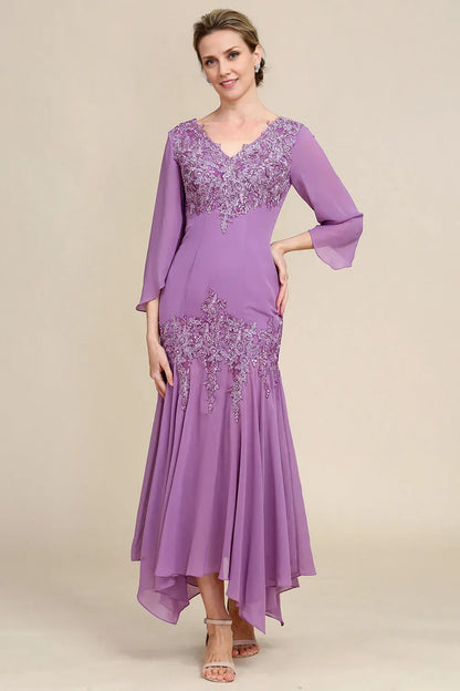 Elegant Lavender Chiffon Mermaid Long Sleeve Floor-Length Mother of the Bride Dress