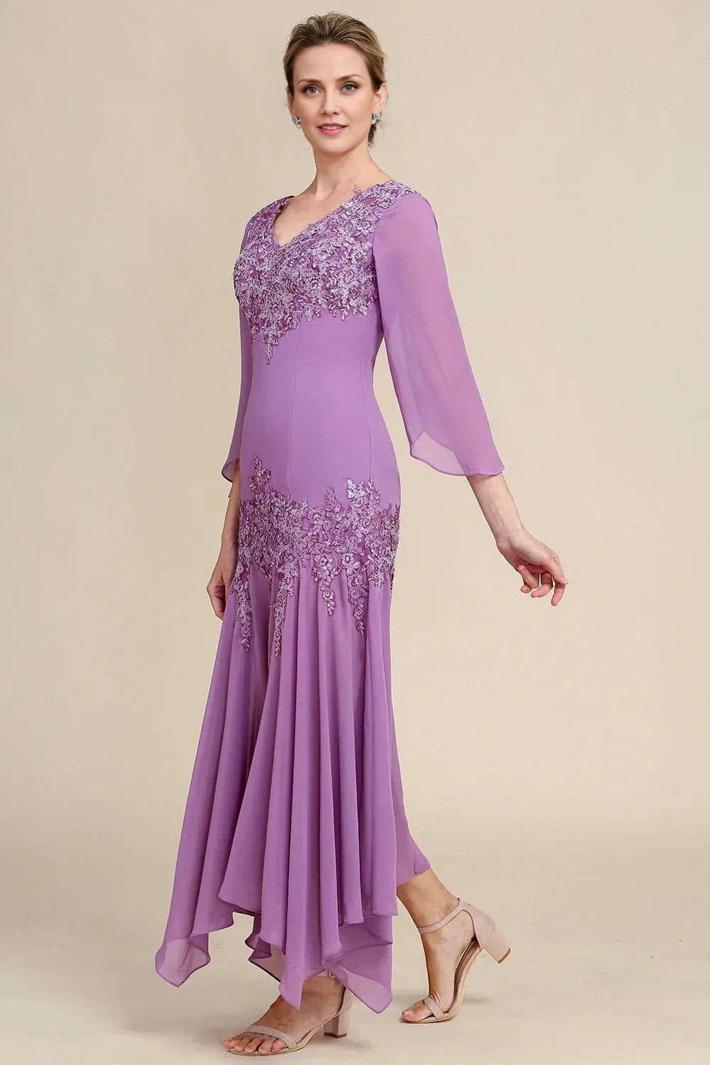Elegant Lavender Chiffon Mermaid Long Sleeve Floor-Length Mother of the Bride Dress