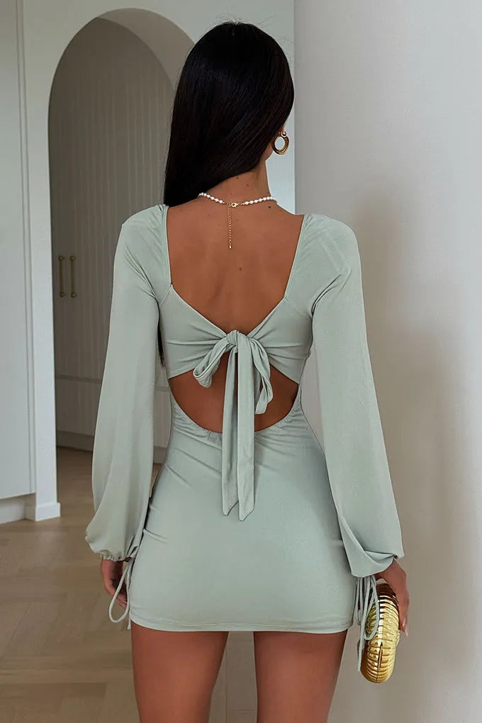 Elegant Sage Green Satin Sheath Scoop Neck Long Sleeve Mini Homecoming Dress