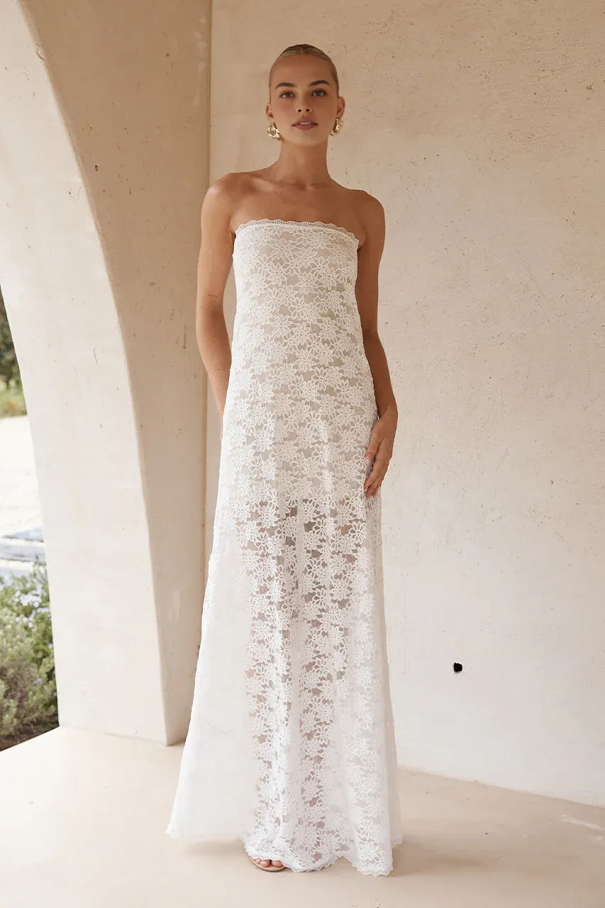 Stylish Refined Beautiful Timeless Elegant Lace Sheath Strapless Sleeveless Floor-Length Prom Dress