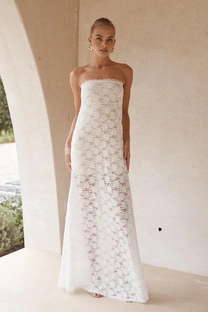 Stylish Refined Beautiful Timeless Elegant Lace Sheath Strapless Sleeveless Floor-Length Prom Dress