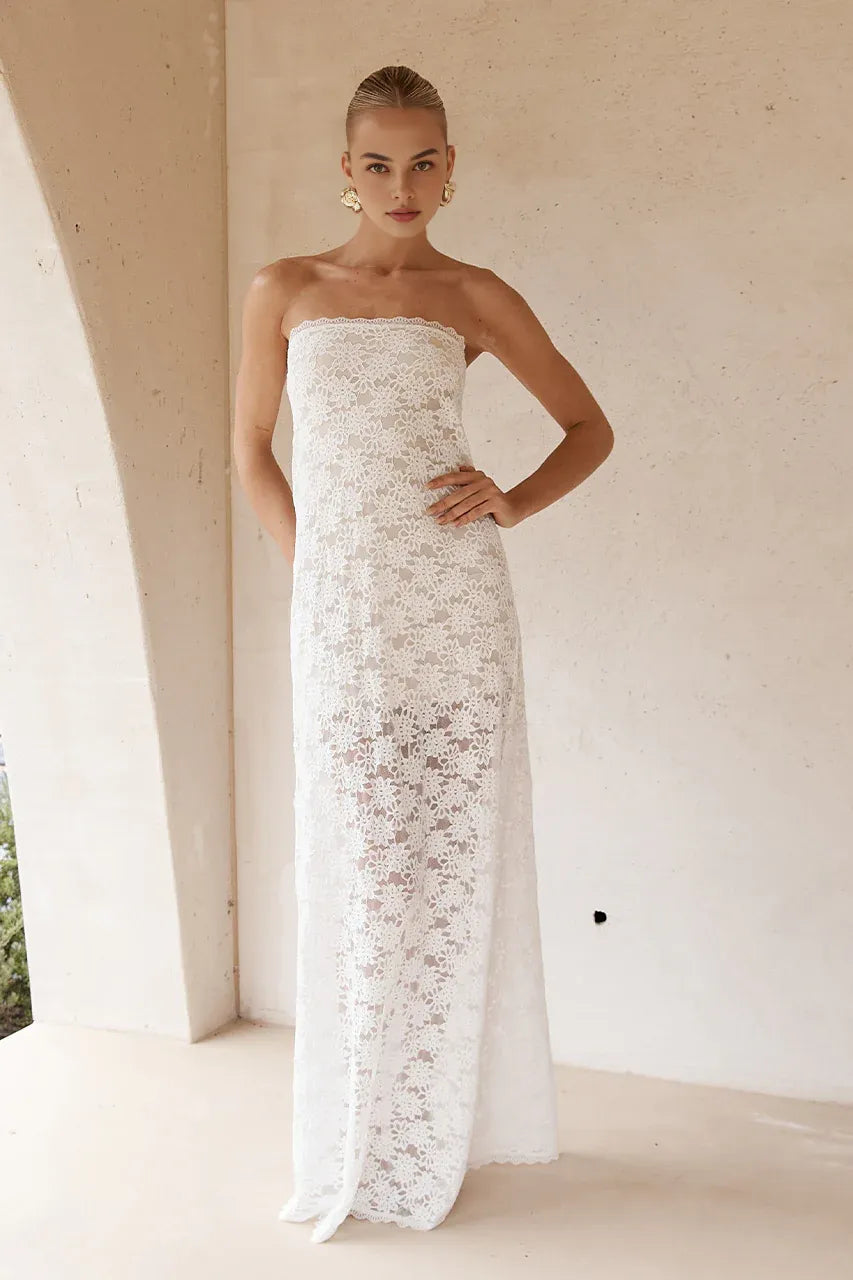 Stylish Refined Beautiful Timeless Elegant Lace Sheath Strapless Sleeveless Floor-Length Prom Dress