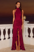 Sophisticated Graceful Stylish Refined Elegant Satin Sheath Halter Sleeveless Floor-Length Prom Dress