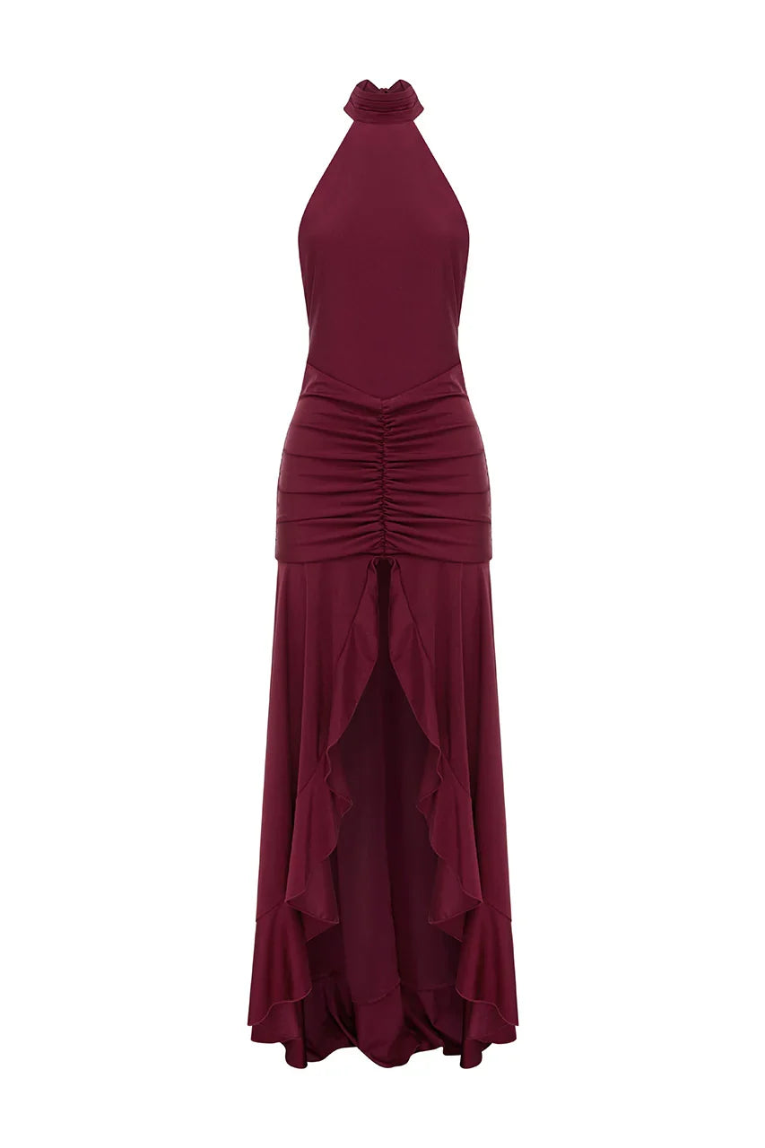 Sophisticated Graceful Stylish Refined Elegant Satin Sheath Halter Sleeveless Floor-Length Prom Dress