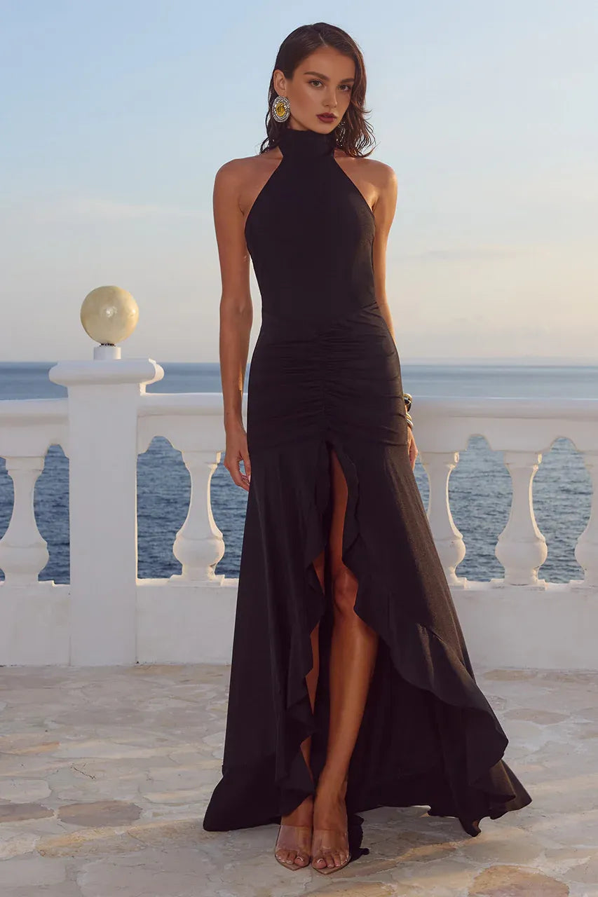 Sophisticated Graceful Stylish Refined Elegant Satin Sheath Halter Sleeveless Floor-Length Prom Dress