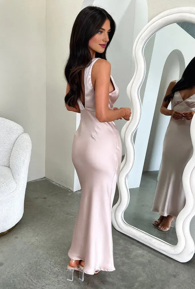 Special Occasion Sophisticated Graceful Elegant Satin Sheath V-Neck Sleeveless Floor-Length Prom Dress