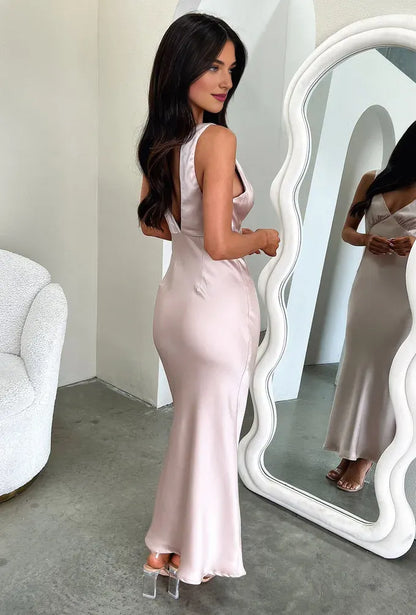 Special Occasion Sophisticated Graceful Elegant Satin Sheath V-Neck Sleeveless Floor-Length Prom Dress