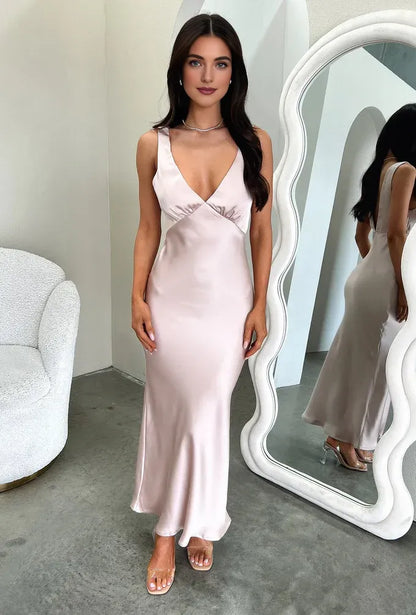 Special Occasion Sophisticated Graceful Elegant Satin Sheath V-Neck Sleeveless Floor-Length Prom Dress