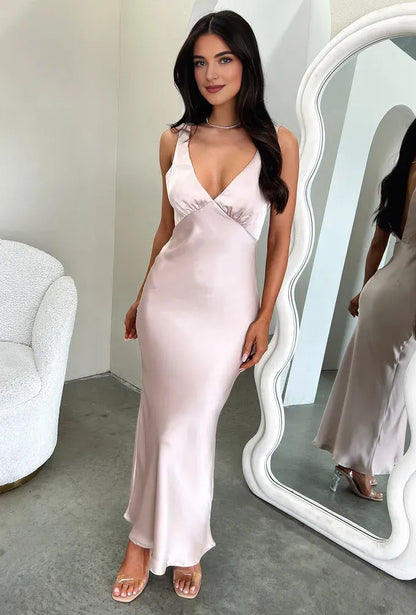 Special Occasion Sophisticated Graceful Elegant Satin Sheath V-Neck Sleeveless Floor-Length Prom Dress