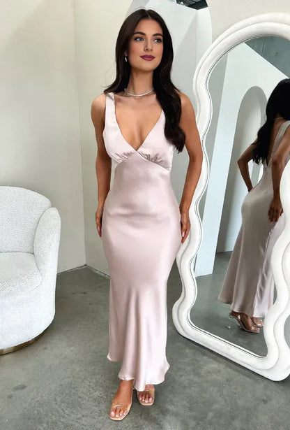 Special Occasion Sophisticated Graceful Elegant Satin Sheath V-Neck Sleeveless Floor-Length Prom Dress