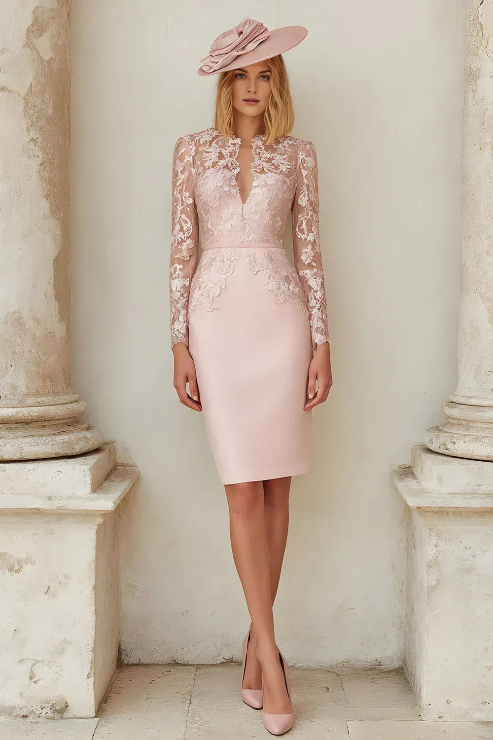 Elegant Blush Pink Satin Sheath Long Sleeve Tea-Length Mother of the Bride Dress
