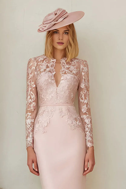 Elegant Blush Pink Satin Sheath Long Sleeve Tea-Length Mother of the Bride Dress
