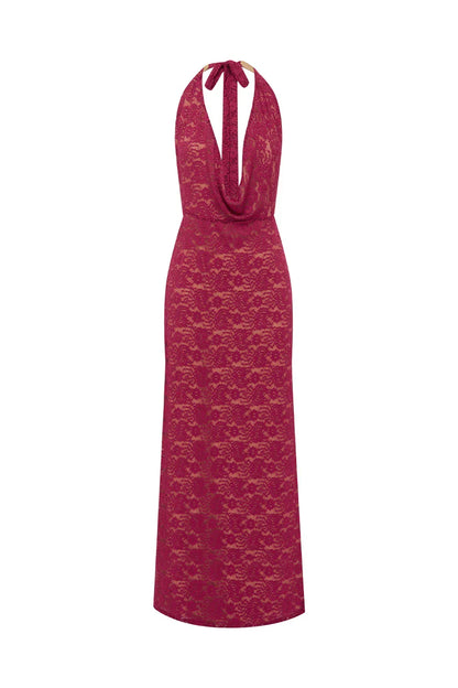 Special Occasion Sophisticated Graceful Stylish Elegant Red Lace Cowl Sleeveless Floor-Length Prom Dress