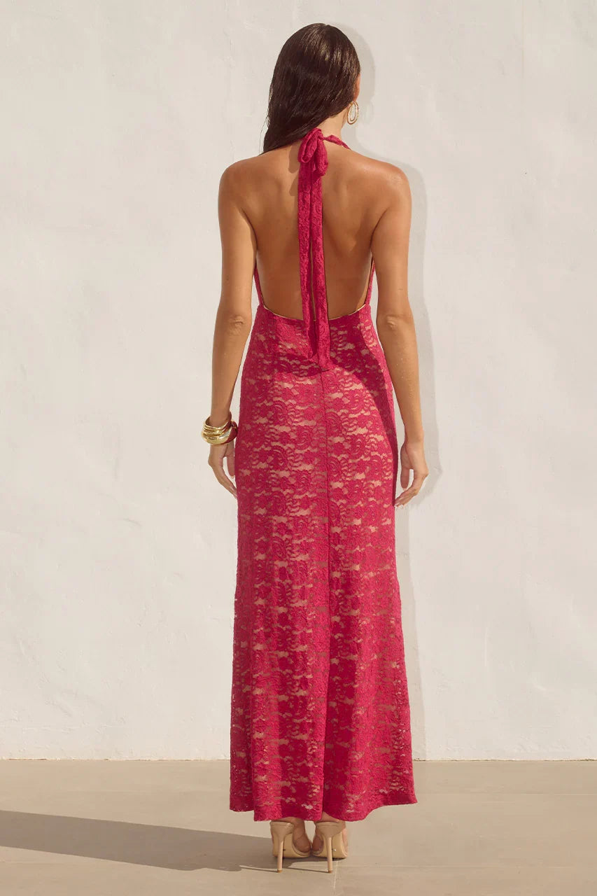 Special Occasion Sophisticated Graceful Stylish Elegant Red Lace Cowl Sleeveless Floor-Length Prom Dress
