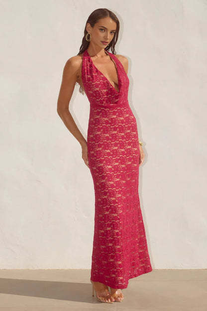 Special Occasion Sophisticated Graceful Stylish Elegant Red Lace Cowl Sleeveless Floor-Length Prom Dress