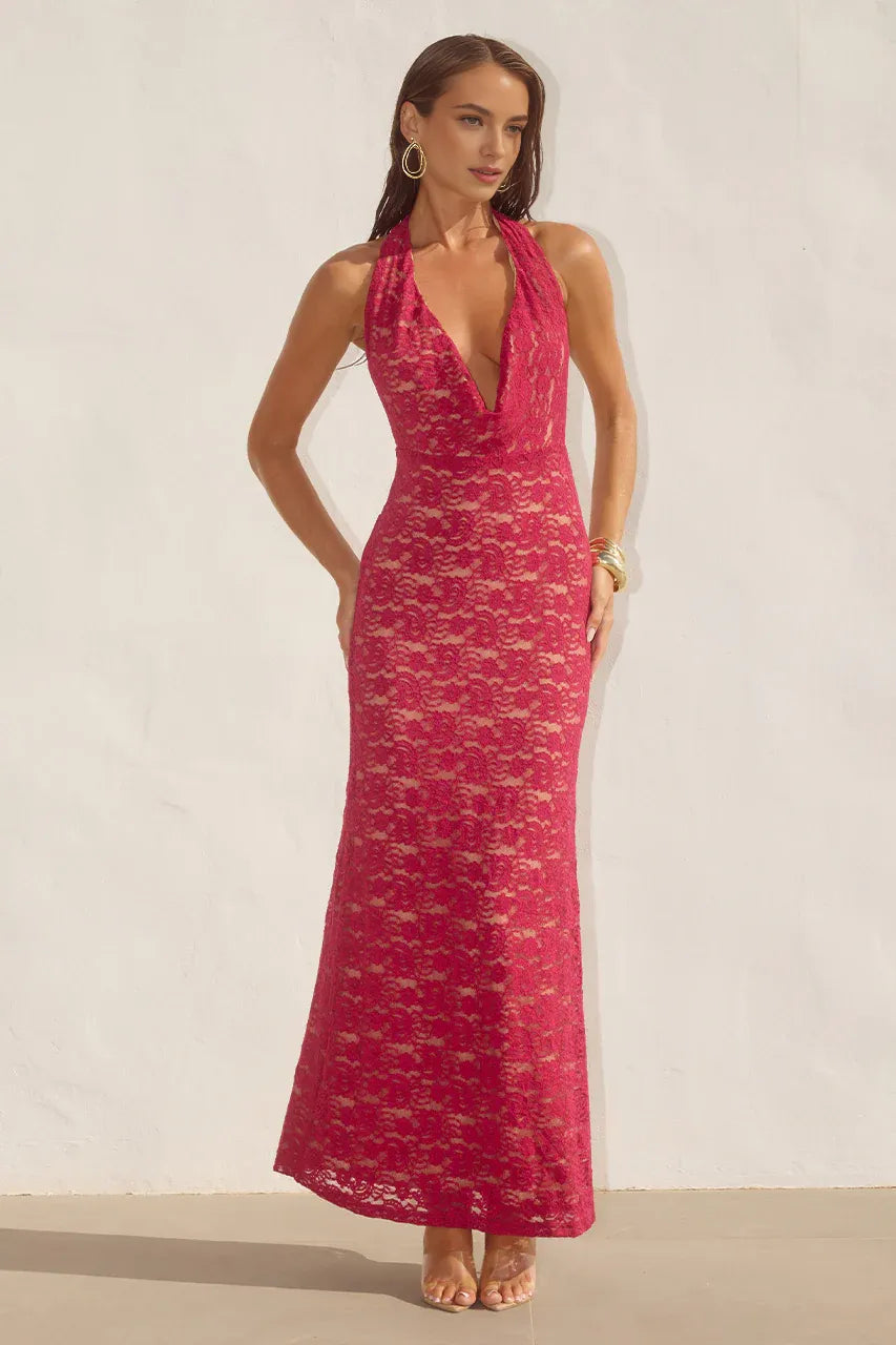 Special Occasion Sophisticated Graceful Stylish Elegant Red Lace Cowl Sleeveless Floor-Length Prom Dress
