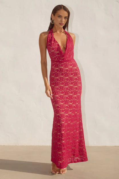 Special Occasion Sophisticated Graceful Stylish Elegant Red Lace Cowl Sleeveless Floor-Length Prom Dress