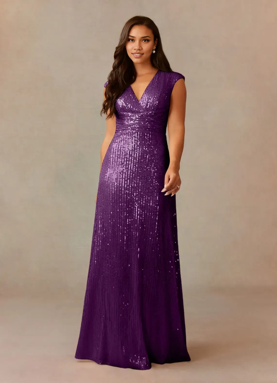 Refined Elegant Champagne Sequins A-Line V-Neck Ruffle Mother of the Bride Dress