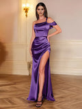Grape Prom Dresses One Shoulder Trumpet/Mermaid Long Prom Dresses With Slit