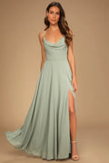 Green Prom Gown with Cowl Neck Halter Straps and Flowing High Slit Skirt Ideal for Elegant Prom and Formal Galas